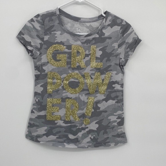Justice Girls Gray Camo Gold Sparkle GRL POWER! Graphic Short Sleeve Shirt 12 - Picture 1 of 6